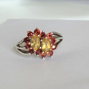 Boho Sterling Silver Yellow Citrine Red Garnet Double Tois et Moi Flower Ring